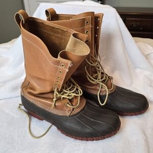 LL Bean Maine Hunting Shoe Mens Size 12 Tan Leather Brown Rubber Boots Hunting
